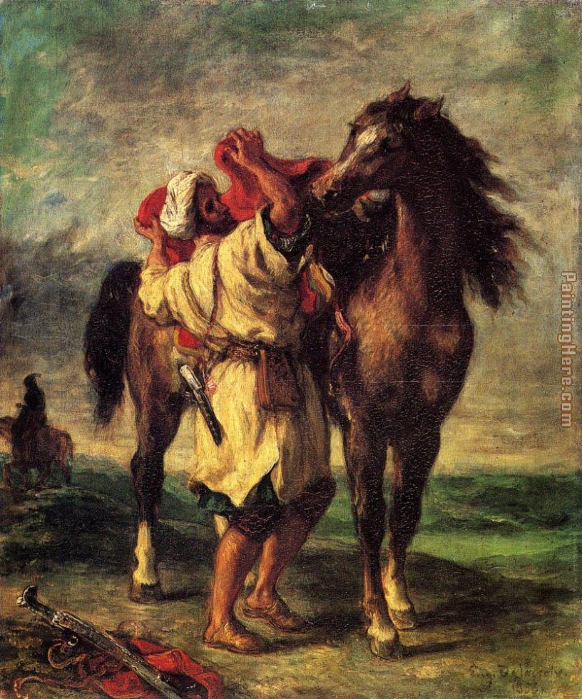 Eugene Delacroix A Moroccan Saddling A Horse